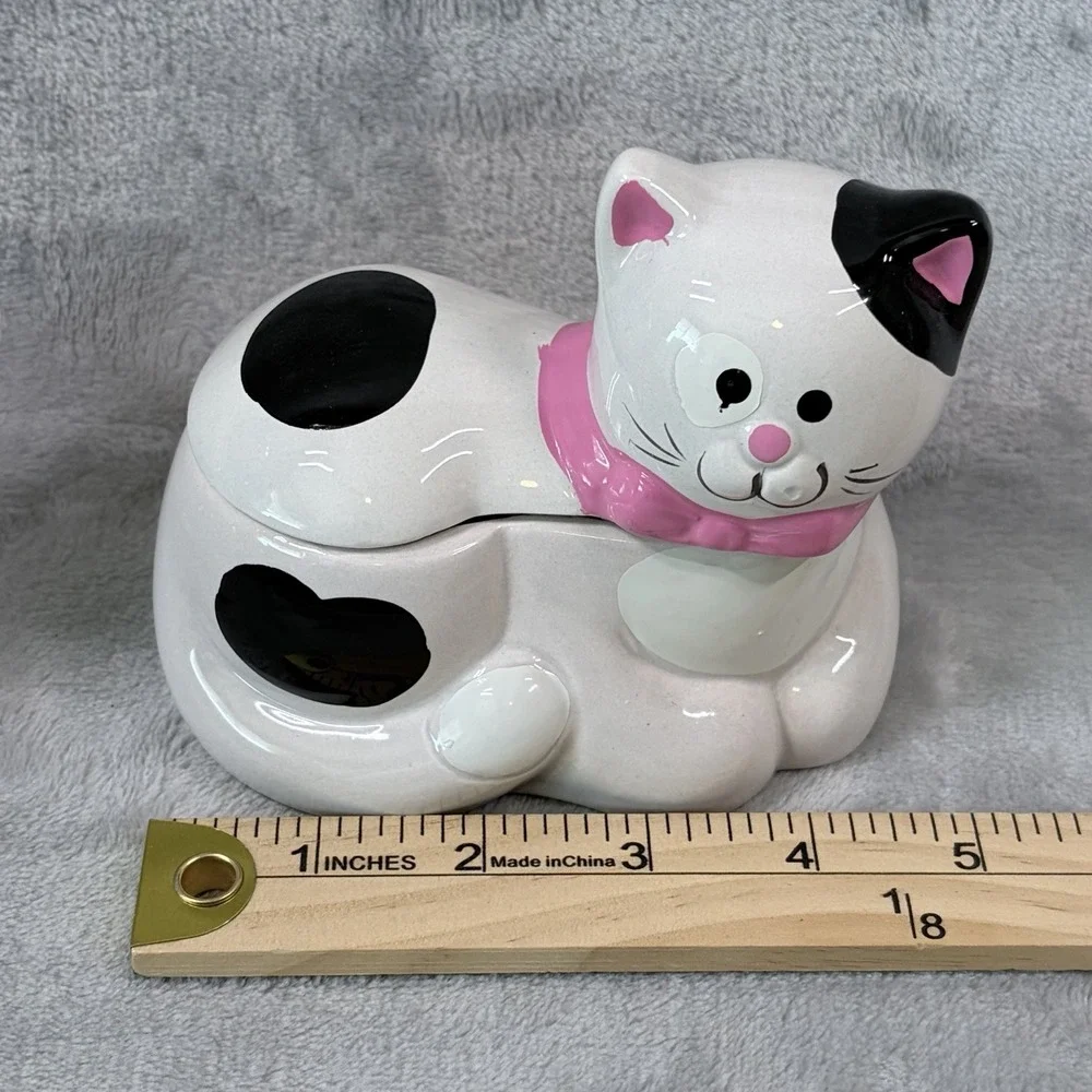 Vintage Ceramic Cat Creamer & Sugar Bowl Set Pink Bow Kitty Kitsch Kitchen Decor